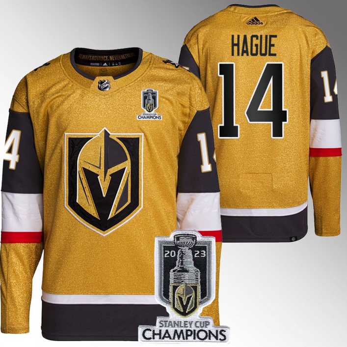 Mens Vegas Golden Knights #14 Nicolas Hague Gold 2023 Stanley Cup Champions Stitched Jersey